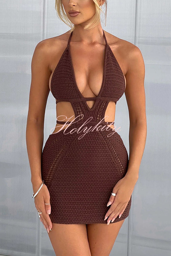 Effortlessly Cool and Sexy Knit Crochet Cutout Halter Tie-up Stretch Mini Dress