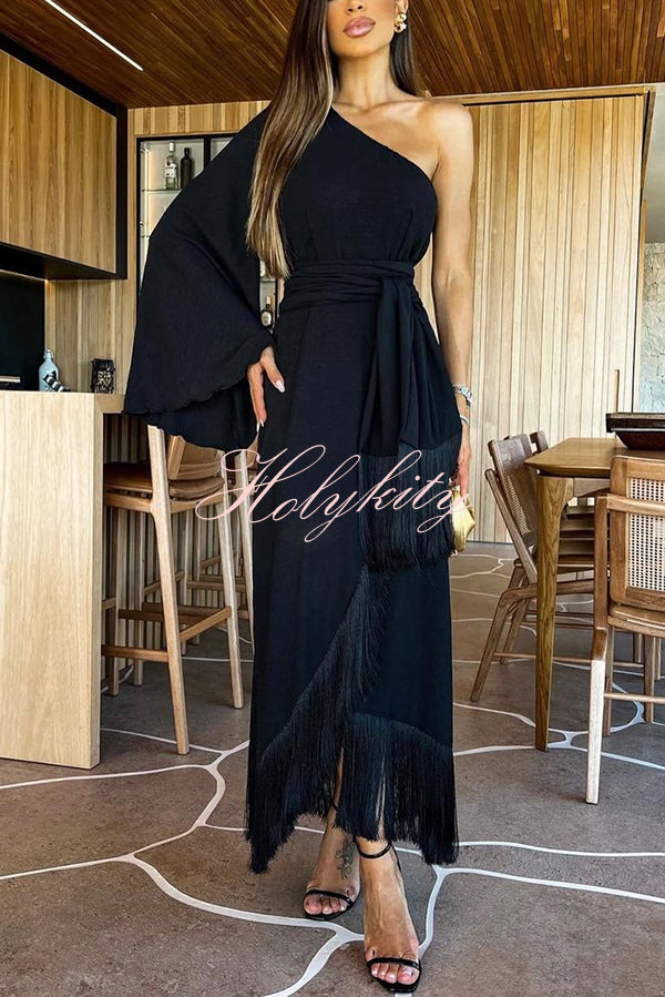 Solid Color One-sleeve Waisted Lace-up Fringed Hem Elegant Maxi Dress