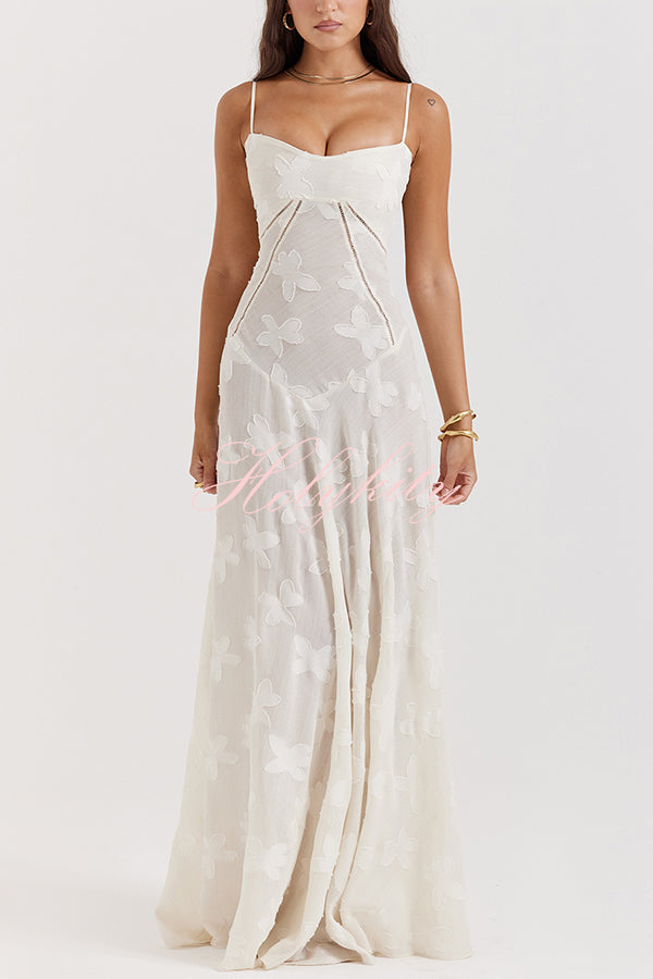 Romantic Vintage Feel Jacquard Fabric Back Lace-up Slip Floaty Maxi Dress