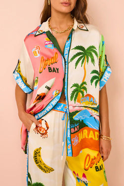 Kissed By The Sun Satin Unique Print Colorblock Button Down Oversized Blouse