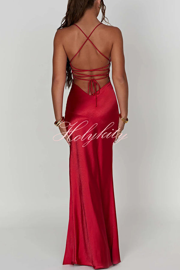 Satin Solid Color Sexy Backless Lace Up High Slit Maxi Dress