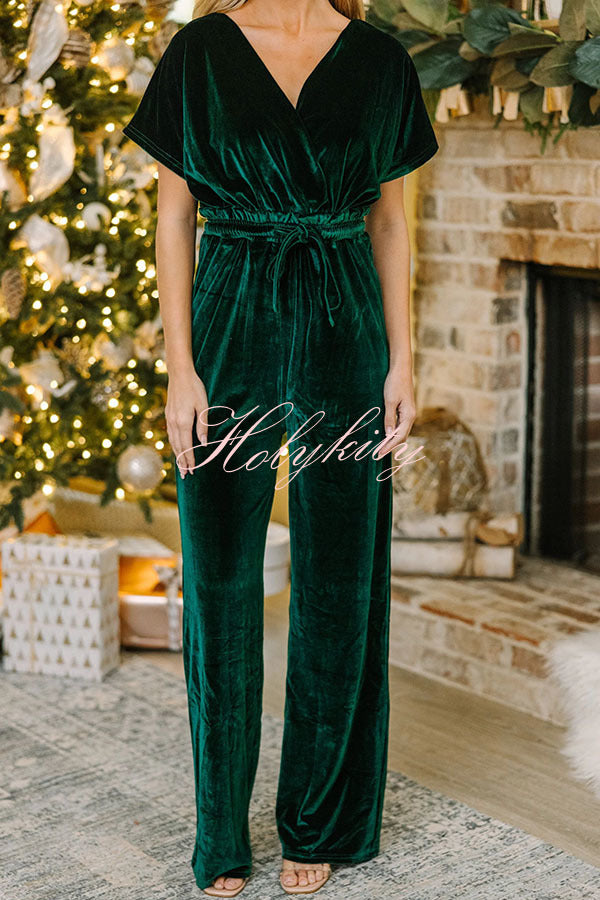 Holiday Star Velvet Lace Up Pocket Wide Leg Jumpsuit