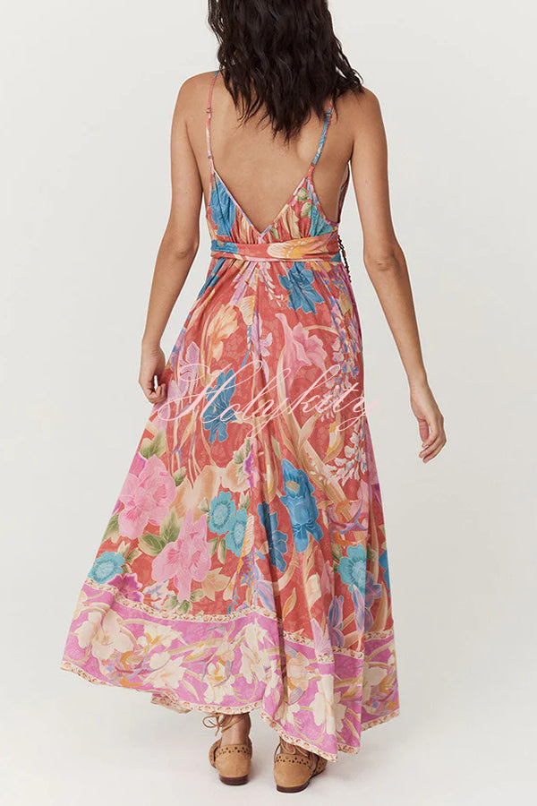 Painter's Garden Boho Floral Print Strappy A-line Maxi Dress