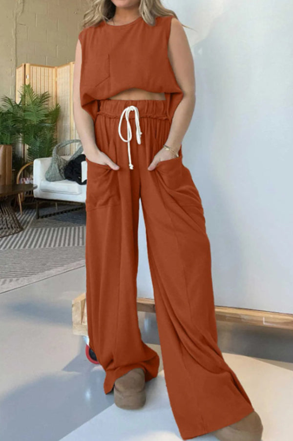 Best Comfort Pocketed Tank Top and Elastic Waist Wide Leg Pants Set