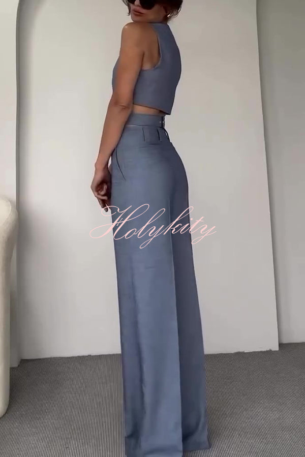 Crossover Slim Fit Sleeveless Vest and High Waisted Wide Leg Pants Set