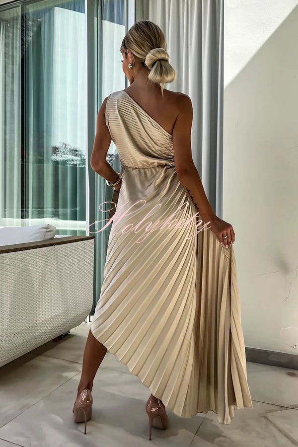 Romantic Nights Satin Raised Flower Elastic Cutout One Shoulder Pleated Maxi Dress