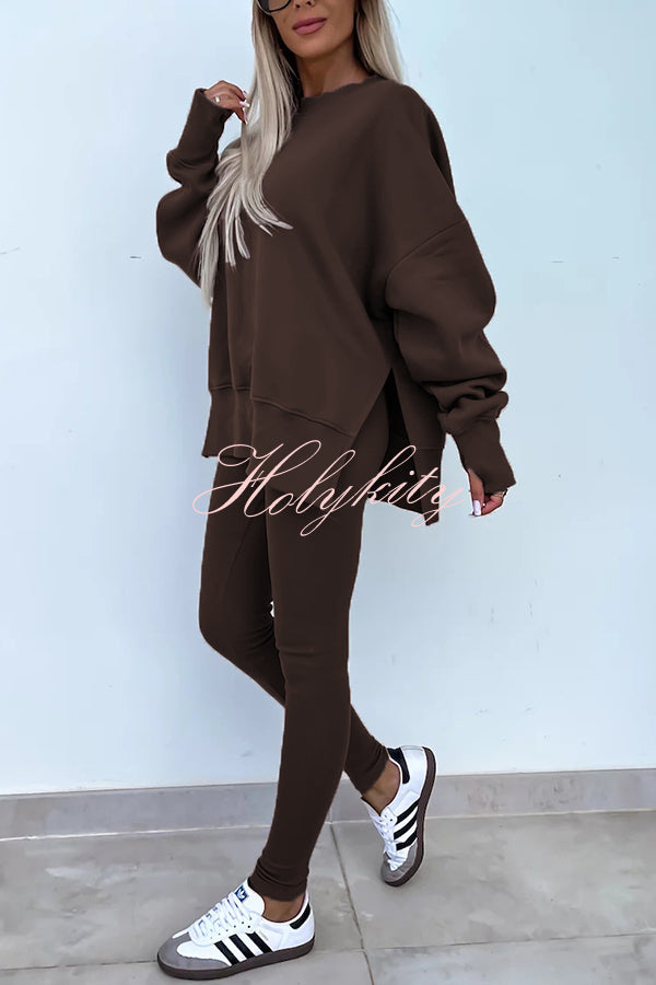 Solid Color Loose Long Sleeve SlitSweatshirt and Elastic Waist Tight Pants Set