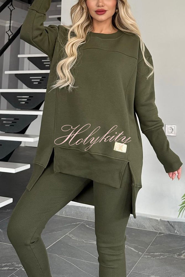 Solid Color Crew Neck Long Sleeve Top and Casual Stretch Pants Set