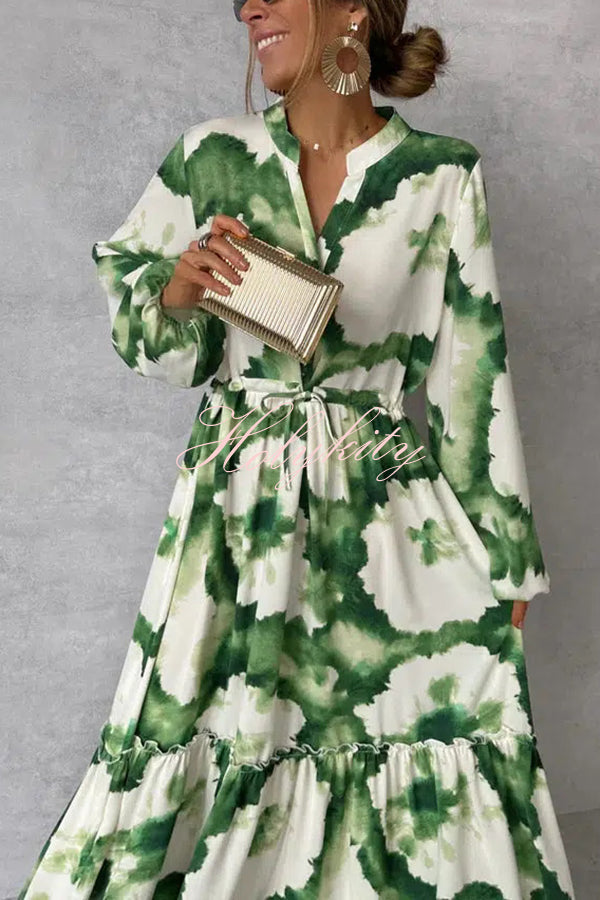 Unique Printed V-neck Long Sleeve Waist Tie-down Maxi Dress