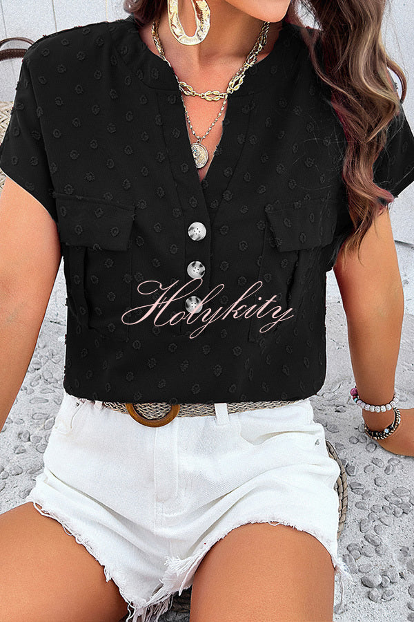 Simple Embroidered V Neck Pocket Button Down Short Sleeved Shirt