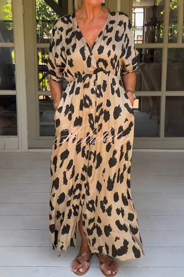 Leopard Print Casual Loose V-neck Short-sleeved Pocket Midi Dress