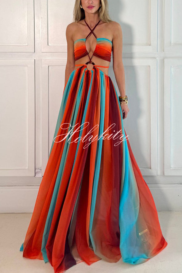 Variety of Styles Tulle Printed Ring Hollow Design Slit Vacation Maxi Dress