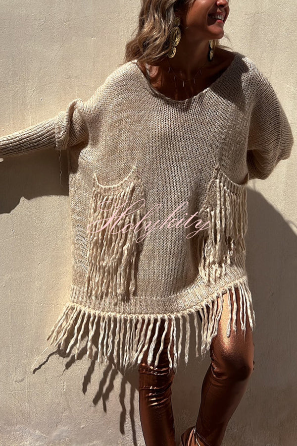 Coming with You Knit Tassel Trim Pocketed Loose Sweater