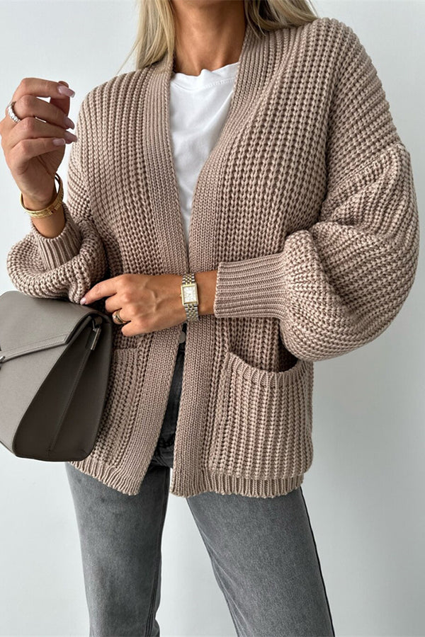 Solid Color V-neck Long-sleeved Casual Knitted Cardigan