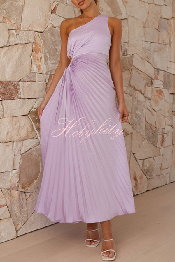 Charming One Shoulder Lace Up Cutout Pleated Maxi Dress