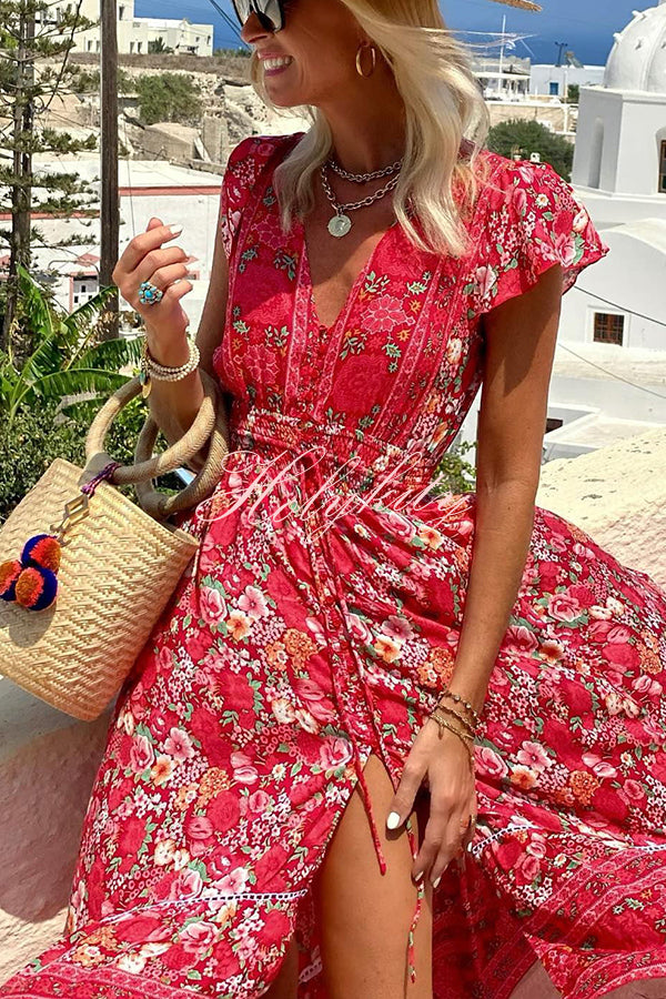 Summer in Greece Boho Print Ruffle Sleeve Elastic Waist High-low Midi Dress