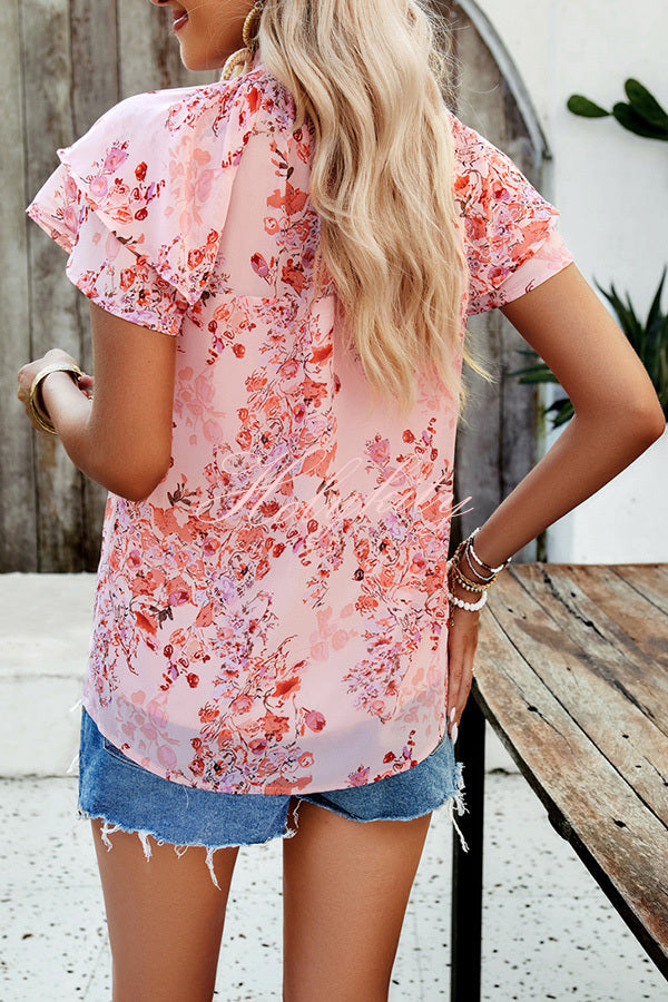 Floral Print Paneled Pleated Crew Neck Pullover Short Sleeved Top