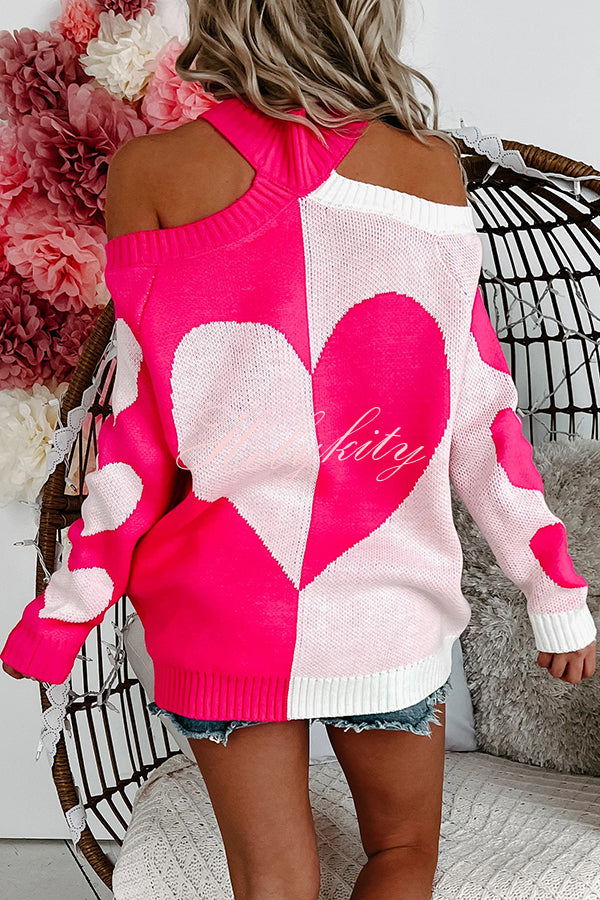 Fashionable Contrasting Heart-shaped Off-shoulder Long-sleeved Loose Sweater