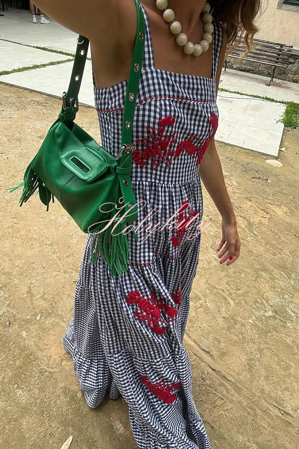 Funny Summer Plaid Lobster Print Square Neck Layered Maxi Dress