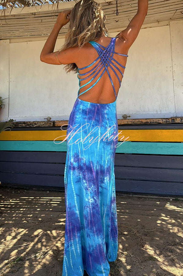 La Bamba Tie-dye Print Back Lace-up Stretch Maxi Dress