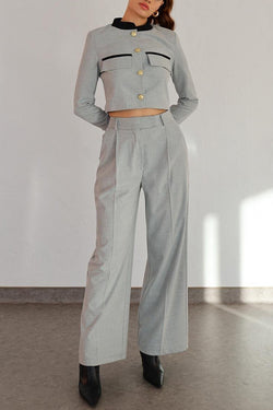 Stylish Contrasting Cropped Long Sleeve Top and Pocket Straight Leg Pants Set