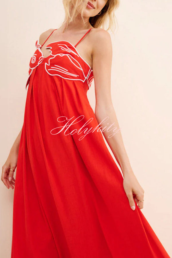 Red Fish Embroidered Sling Backless Maxi Dress