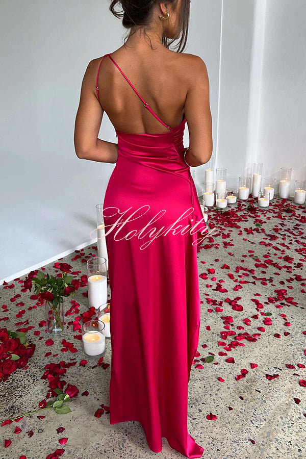 Fits Your Curves Satin One Shoulder Drape Slit Maxi Dress