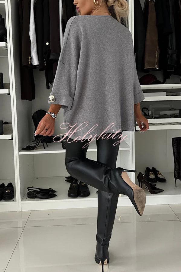 Elegance and Modern Knit Button Detail Half Sleeve Loose Sweater