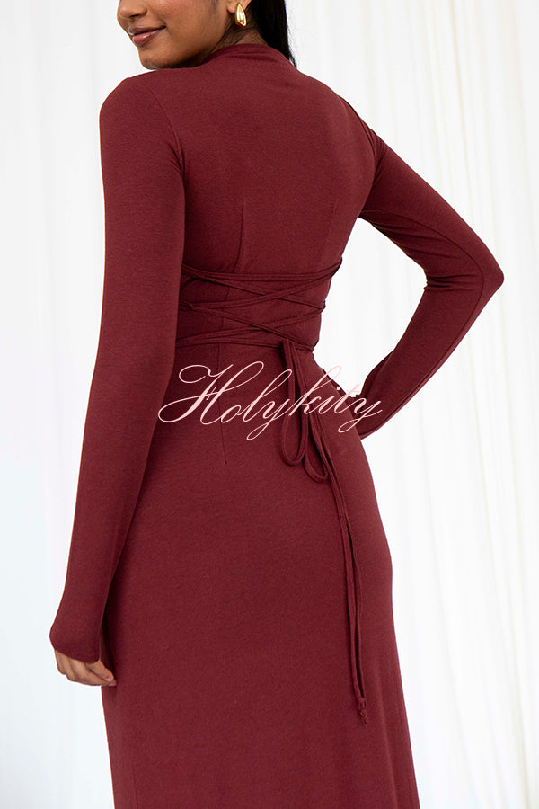 Venus Long Sleeve Ruched Side Slit Drape Ruffles Back Lace-up Stretch Maxi Dress