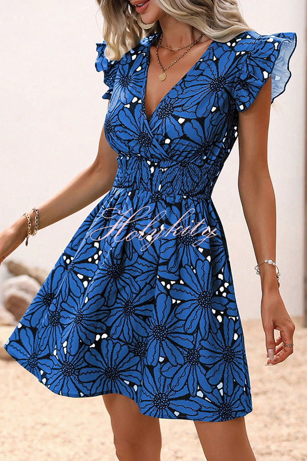 Wonderful Weekend Floral Print Ruffle Sleeve Elastic Waist Mini Dress