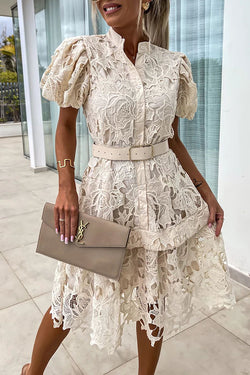 Absolutely Elegant Floral Crochet Lace Puff Sleeve Belted Shirt Midi Dress