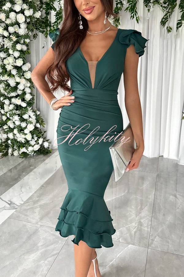 Gala Ready Tiered Ruffle Detail Ruched Formal Midi Dress