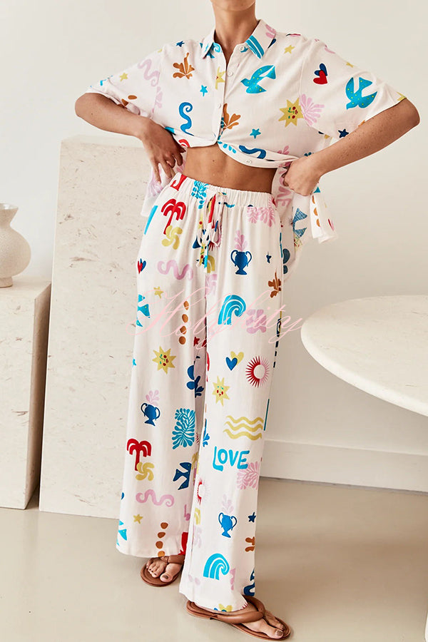 Summer Beach Element Printed Button Lace Up Pocket Pants Suit