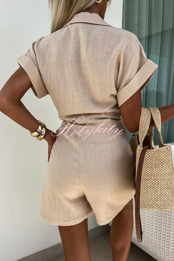 Relaxing Beach Linen Blend Solid Color Wrap Loose Shirt Romper