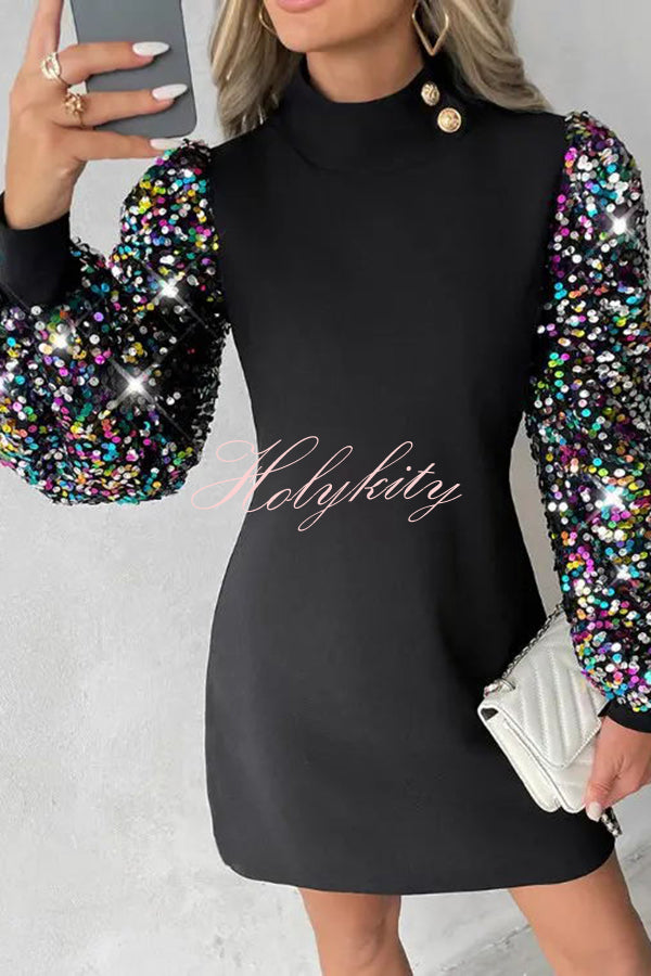 Color Block Turtleneck Balloon Sleeves Sequined Button Mini Dress