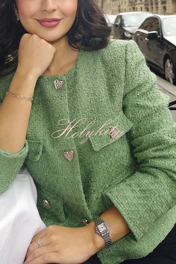 Stylish Tweed Love Button Long Sleeve Casual Pocket Jacket