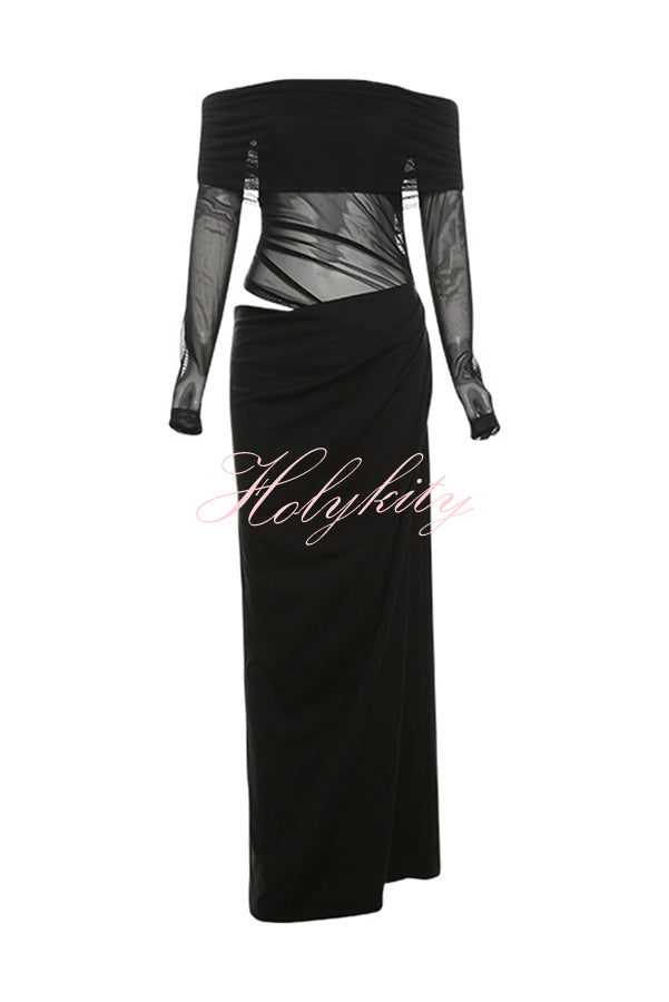 Exquisite Sexy Mesh Patchwork Off Shoulder Cutout Ruched Maxi Dress