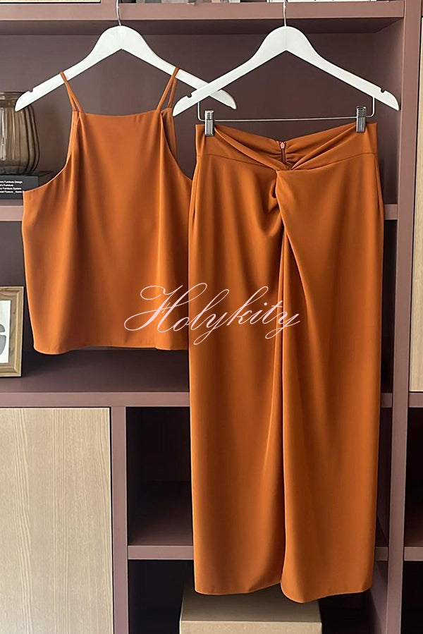 Aaliyah Solid Color Sleeveless Twist Detail Slit Midi Skirt Set
