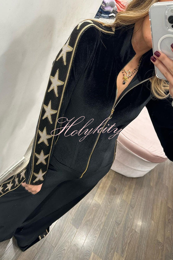 Star-print Velvet Patchwork Zipped Wide-leg Jumpsuit