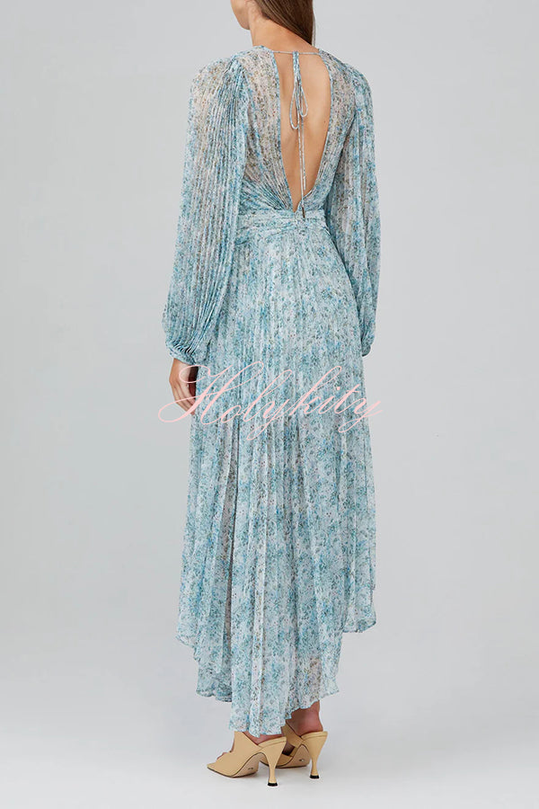 Dreamy Seaside Floral Balloon Sleeve Pleated Lightweight Maxi Dress