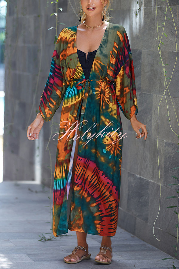 Unique Print Loose Lace Up Holiday Maxi Cover Up