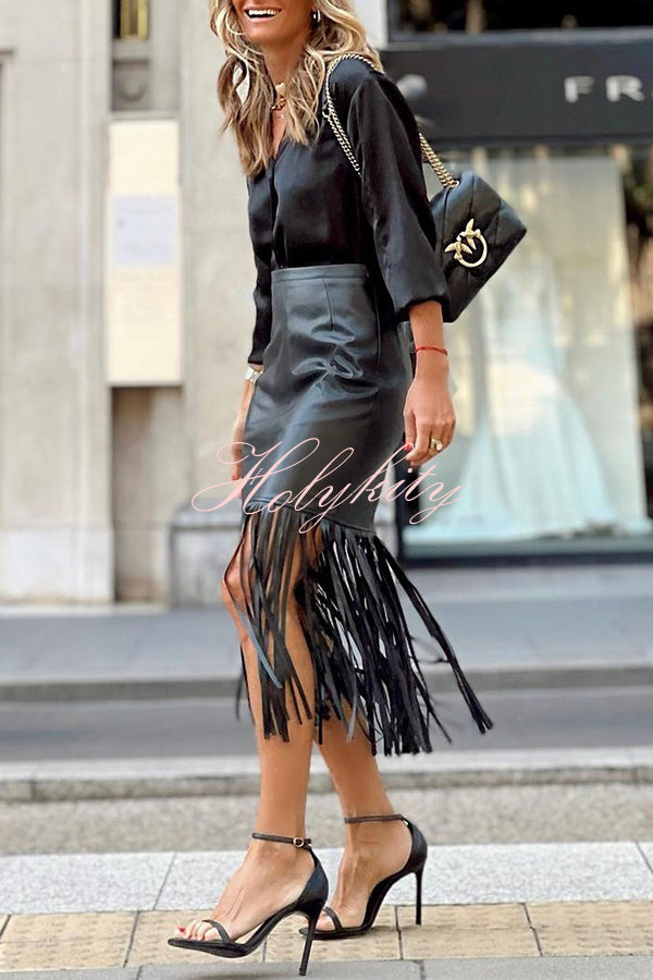 Haow Solid Color Fringed Paneled Leather Skirt