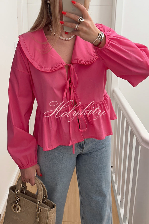 Casual and Versatile Lace-up Long-sleeved Babydoll Blouse