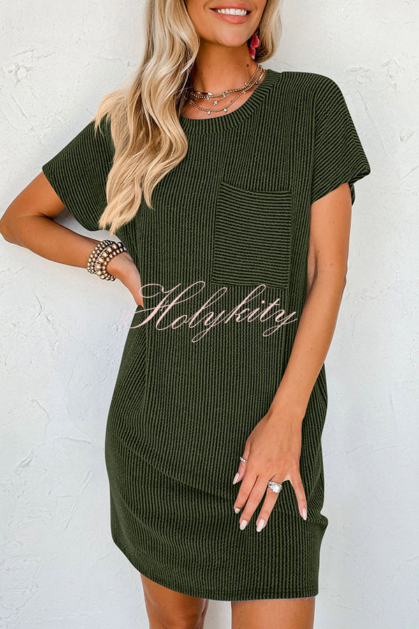 Casual Solid Color Striped Short-sleeved Pocket Mini Dress