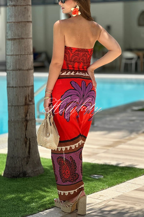 Botanical Floral Print Sexy Stretchy Tube Top High Waist Slit Maxi Dress