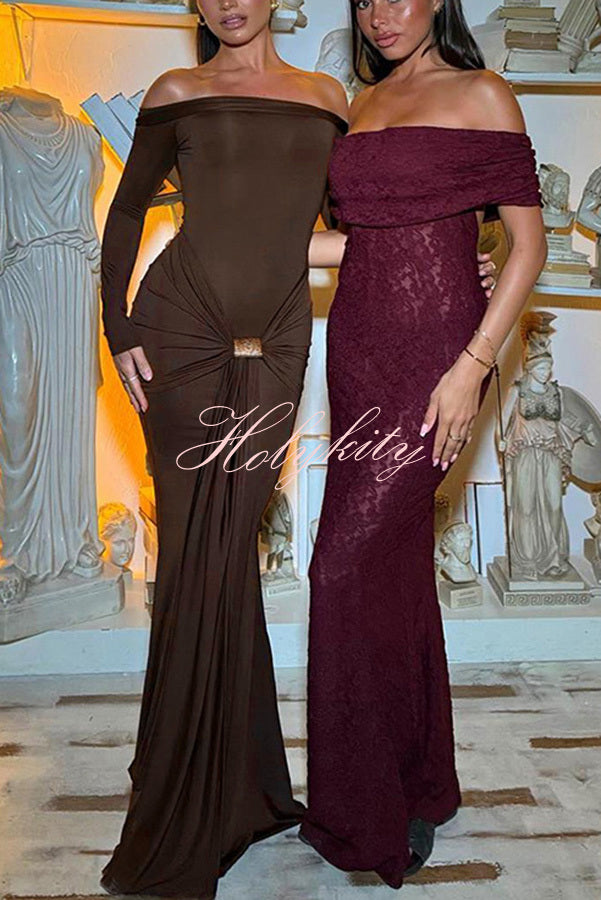 Naia Off Shoulder Long Sleeve Metal Buckle Adjustment Drape Stretch Maxi Dress