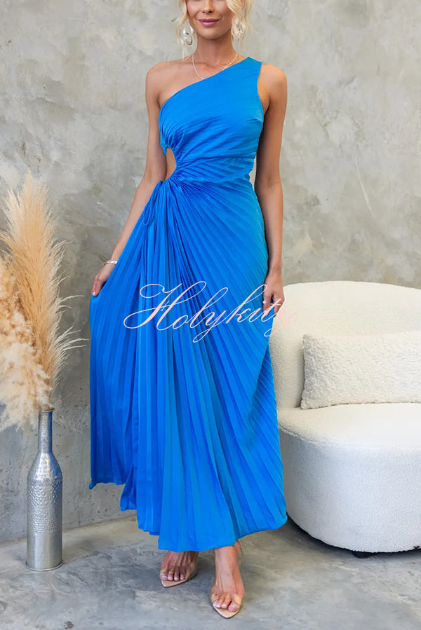 Charming One Shoulder Lace Up Cutout Pleated Maxi Dress