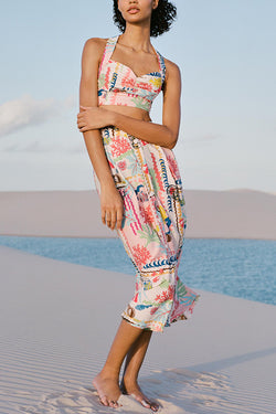 Multicolor Printed Sexy V Neck Halter Top and Midi Button-down Skirt Set