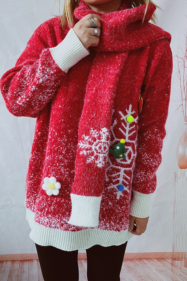 Christmas Pattern Knitted Round Tie Scarf Long Sleeve Sweater