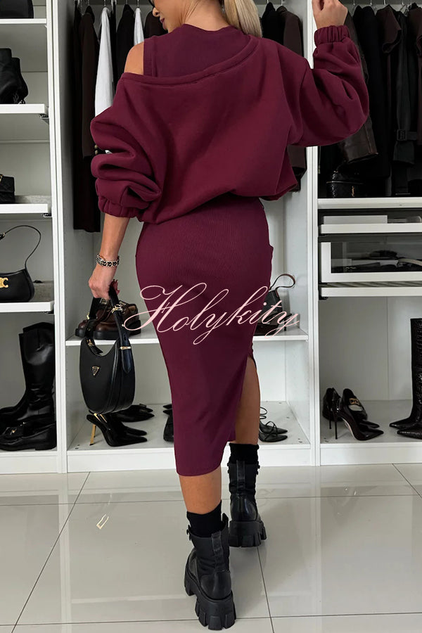 Lifestyle Wide Neck Relaxed Sweatshirt and Ribbed Tank Stretch Midi Dress Set